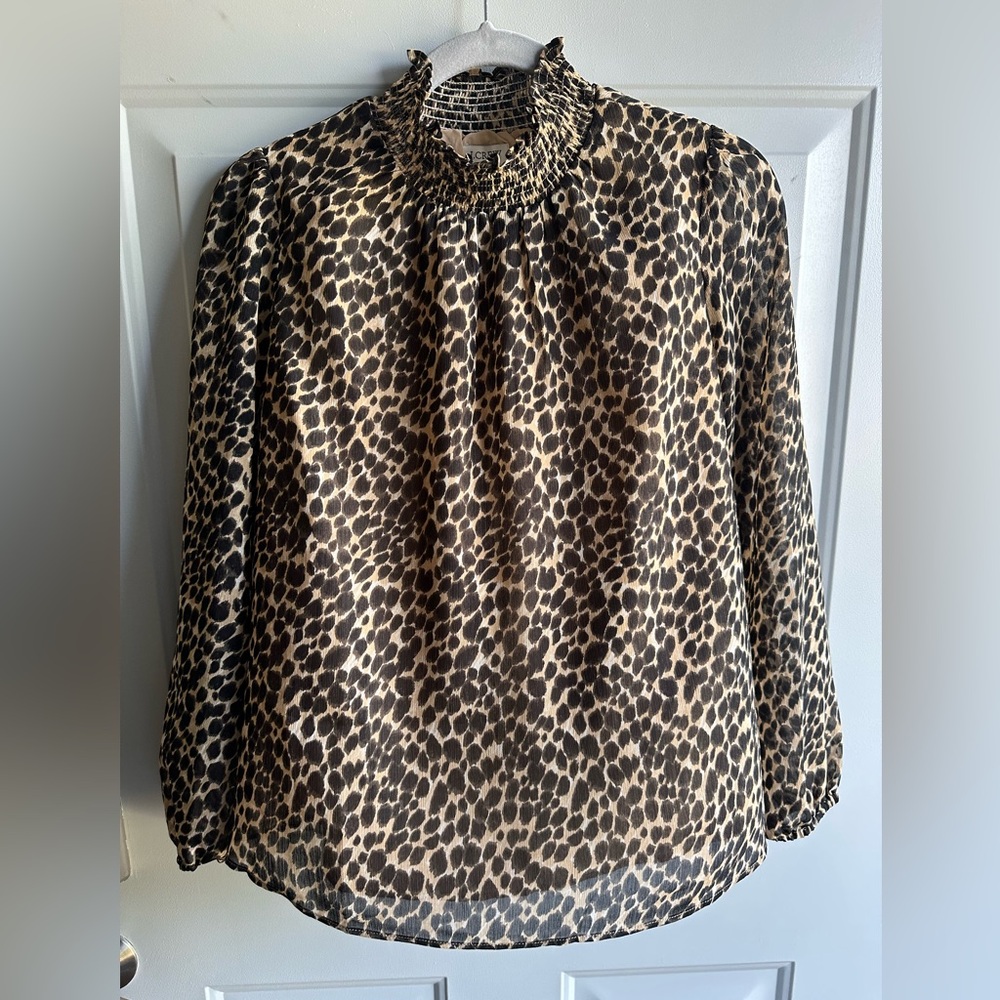 NWOT J. Crew Brown Leopard Animal Print Mock Smock Neck Blouse Top